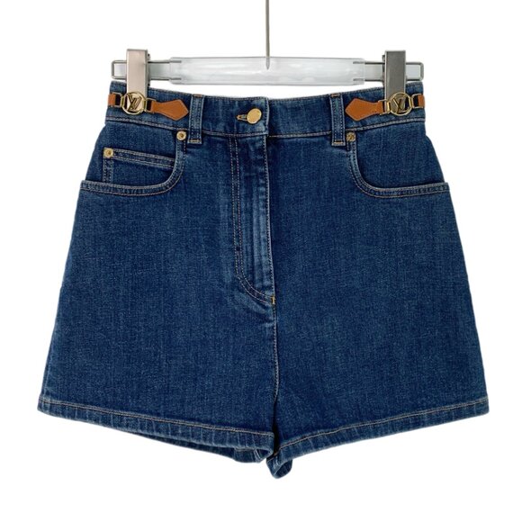 IW0253 Louis Vuitton Dark Blue Logo Leather Buckle Cotton Casual Denim Shorts Si - Picture 1 of 9